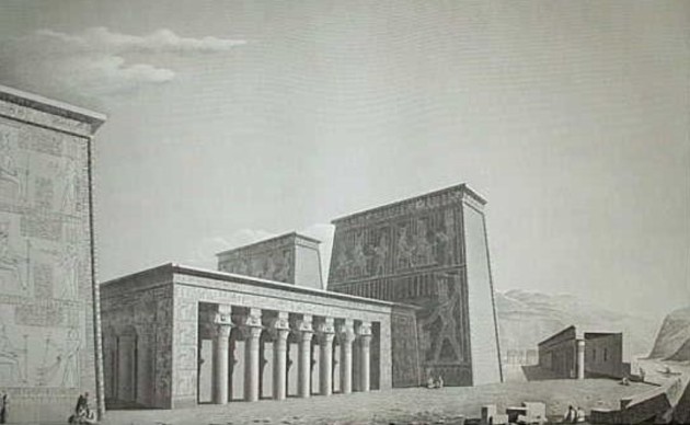 C.L.F. Panckoucke. Description de l'Egypte , Antiquité, Vol. I, p. 56, pl. 24 : Vue perspective du temple de l'Ouest et de plusieurs autres édifices. Disponible sur : http://descegy.bibalex.org/