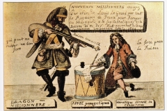 Engelmann, Cartoon of a French dragoon intimidating a Huguenot in the dragonnades, 1686