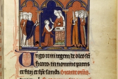 The Archbishop of Rheims anoints the king; left: the archbishop presents the royal sword; right: the seneschal holds this sword, Maître de la Vie de Saint-Denis, Maître de Guignes, c 1320