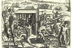 The Indian, a new figure of martyrdom | ravure de Théodore de Bry (1528-1598) illustrant l'édition latine de Francfort de Bartolomé de Las Casas (1598)