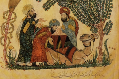 Harit lit une nouvelle, miniature tirée des maqamat d'Hal-Hairi, Bagdad, copiée par Al-Wasiti, 1236-1237, Paris, Bibliothèque nationale