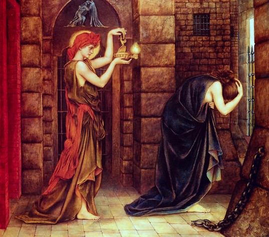 Evelyn de Morgan, Hope in a Prison of Despair (1887), Huile sur panneau (68x55), coll. particulière, domaine public